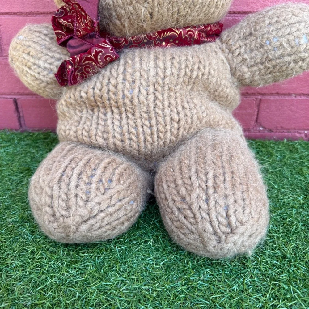 Vtg Hand Knitted Teddy Bear‎ Tan Yarn Red Scarf Bow Stuffed Animal Plush Toy 23